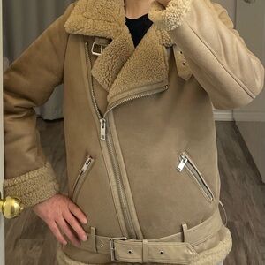 ZARA Tan Beige Faux Suede Sherpa Shearling Aviator Biker Jacket XS - Like New!
